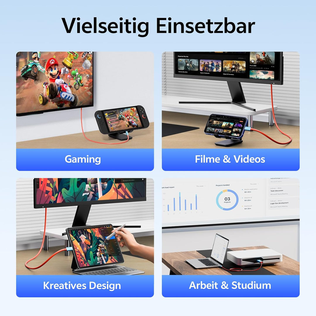 USB C auf HDMI Kabel Adapter 2m, 4K@60Hz 100W PD Laden, Tragbare Dockingstation Ersatz für Switch 2/