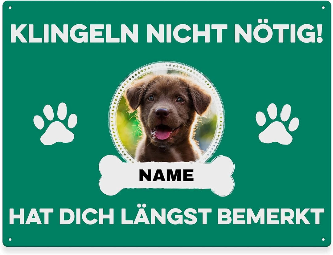 Hunde Schild personalisiert - Klingeln nicht nötig - Metallschild mit Foto und Name für aussen, wett