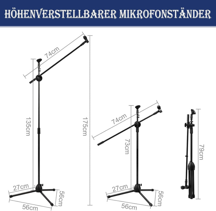 Mikrofonständer Einstellbare 73-175cm Mikrofonstativ Mikrofon Ständer mit 2 Mikrofonklemmen Einen St