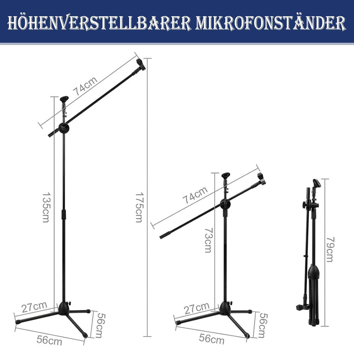 Mikrofonständer Einstellbare 73-175cm Mikrofonstativ Mikrofon Ständer mit 2 Mikrofonklemmen Einen St