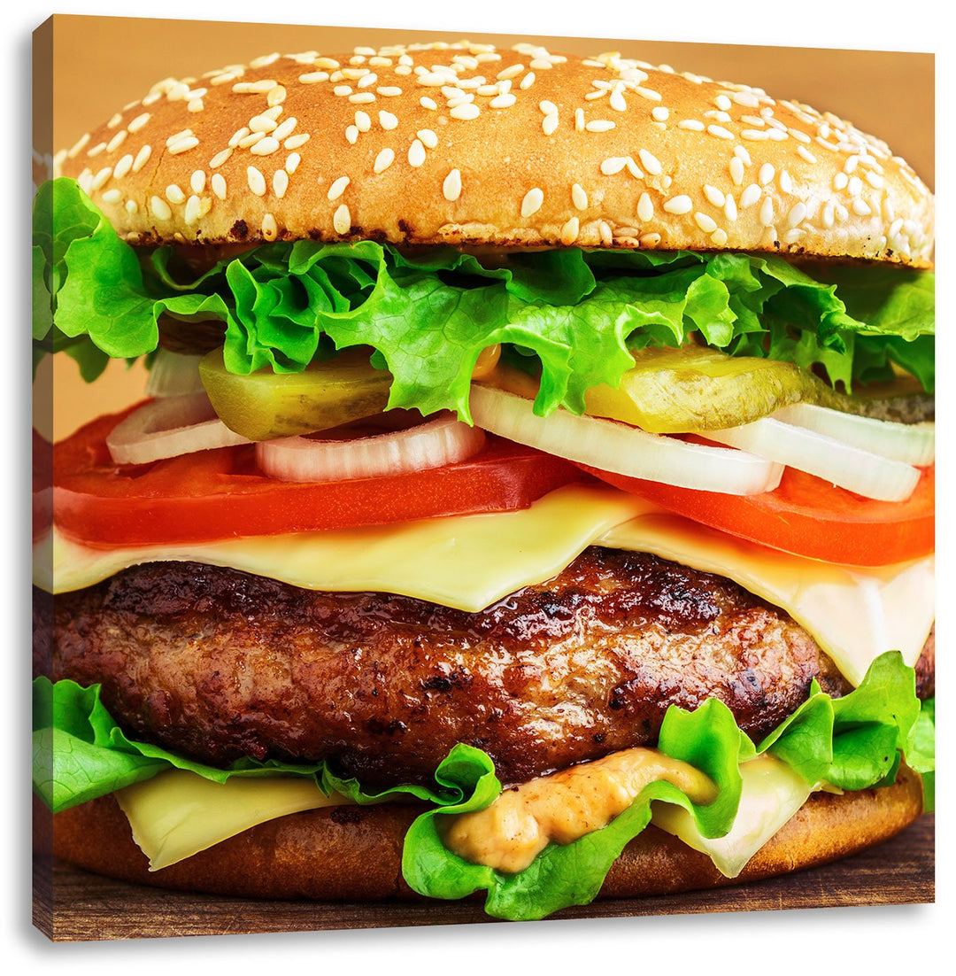 Pixxprint Köstlicher Burger auf Holztisch, Format: 70x70 auf Leinwand, 70x70