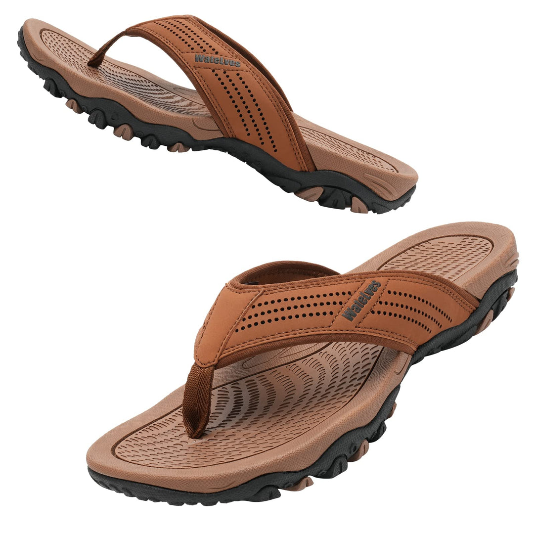 WateLves Herren Flip Flops Zehentrenner Leder mit Arch Support Sandalen Weich Leder Stoff Badelatsch