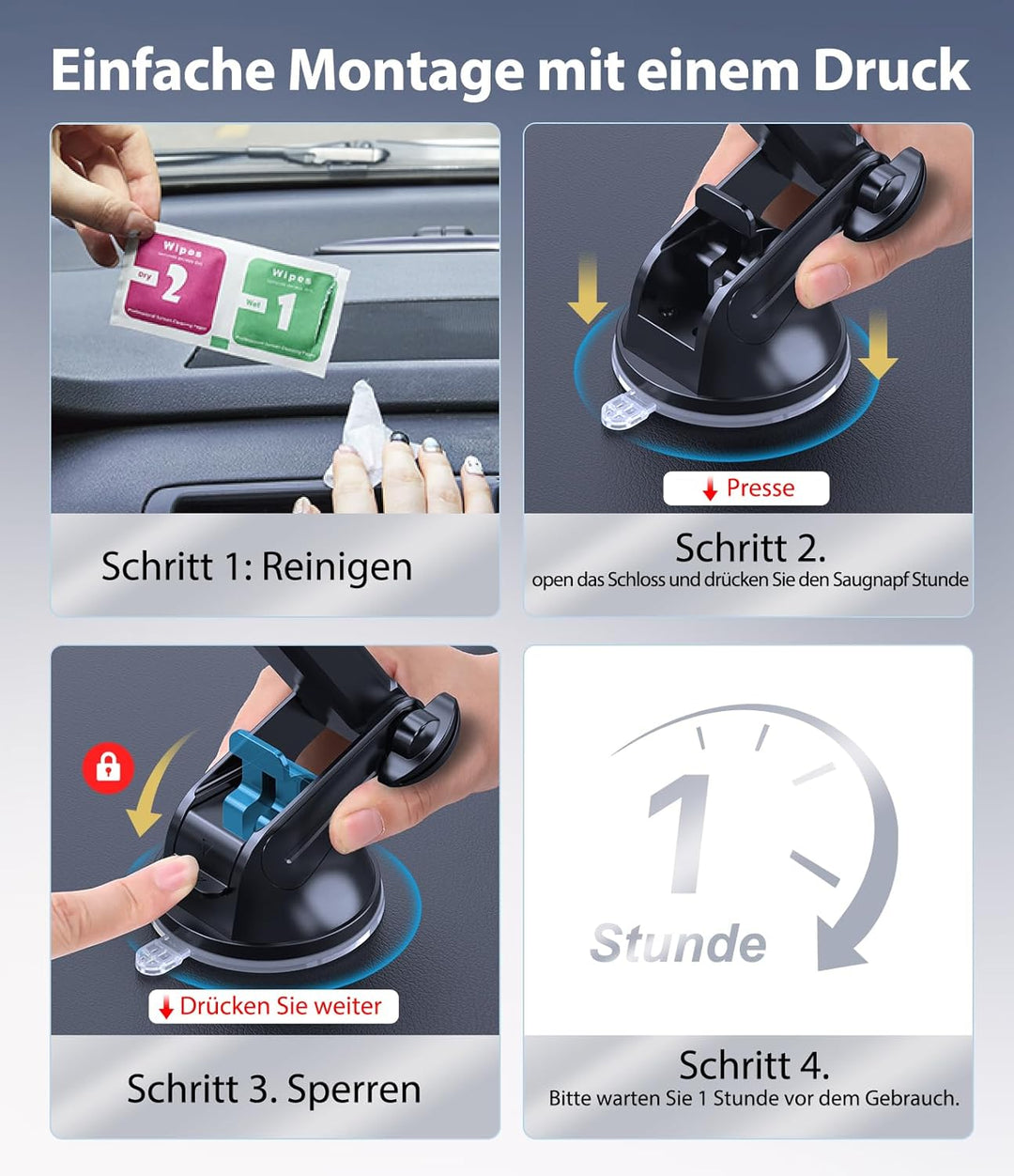 Miracase 2025 Handyhalterung Auto【Upgrade Doppelhaken & Rüttelfester Saugnapf】 4 in 1 Handy Halterun