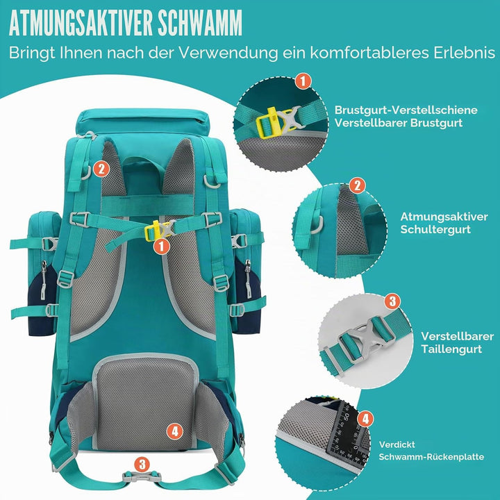Bseash 70L (65+5) Wasserdichter Wanderrucksack mit Regenschutz, Outdoor-Sport, Reisen, Tagesrucksack