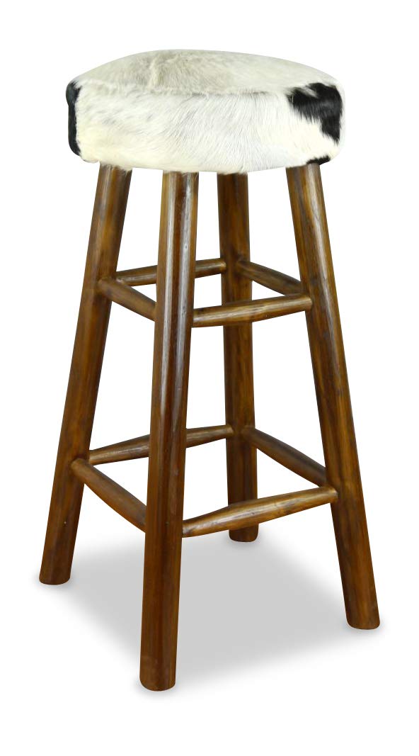 livasia Ziegenfell Barhocker mit Teakholz, Barhocker aus Java, Thekenhocker, Fellbarhocker (Ziegenfe