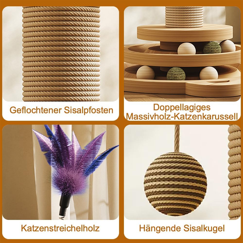 4 in 1 Katzenspielzeug hölzernes, Katze Sisal Seil Kratzbaum mit hängenden Ball, Interaktives Katzen
