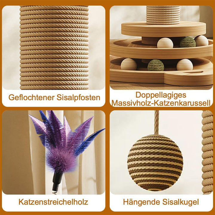 4 in 1 Katzenspielzeug hölzernes, Katze Sisal Seil Kratzbaum mit hängenden Ball, Interaktives Katzen