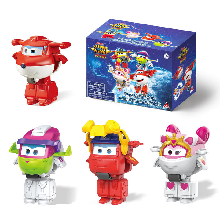 Super Wings 2 inch Verwandlungsspielzeug 4er Pack, Jett, Curie, Runi und Sara, Flugzeug Spielzeug Fa