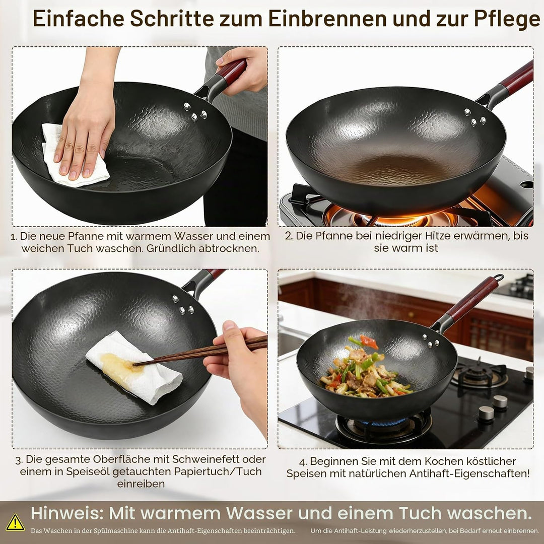 Wok mit Deckel 32 cm, Natürliche Gehämmerten Antihaft Wok aus Kohlenstoffstahl mit Akazienholz Griff