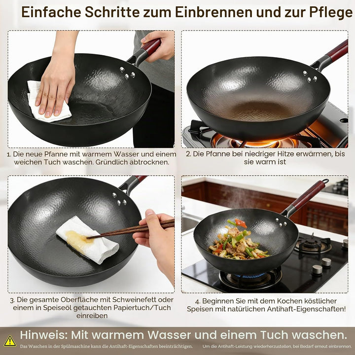Wok mit Deckel 32 cm, Natürliche Gehämmerten Antihaft Wok aus Kohlenstoffstahl mit Akazienholz Griff