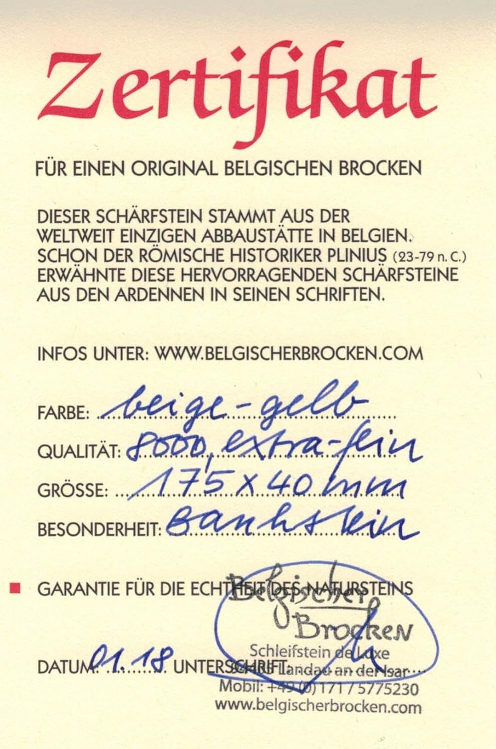 Schleifstein Abziehstein Gelber Belgischer Brocken Grösse 175x40 mm Messer-Schärfer