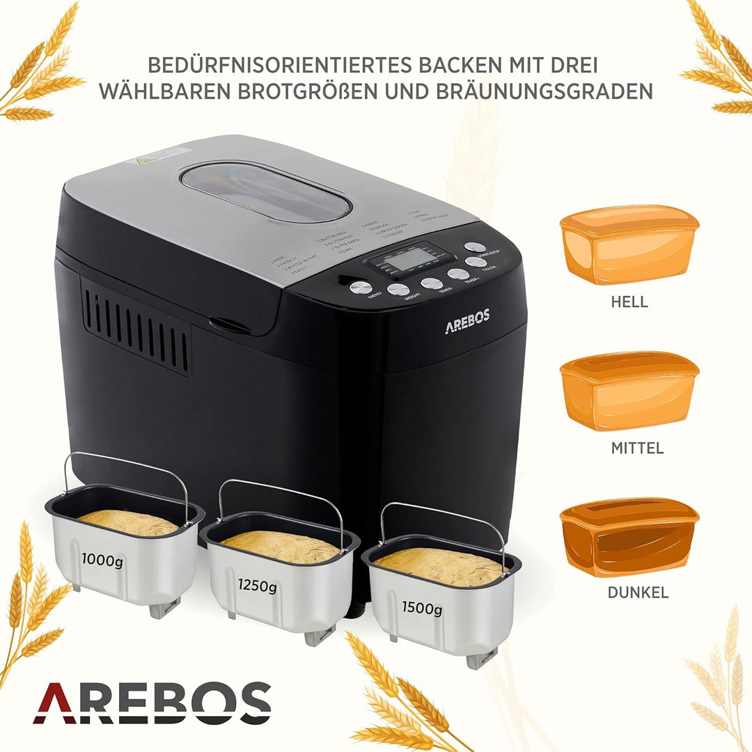 Arebos Brotbackautomat 1500g | mit 15 Programmen | 2 Knethaken | Timer | LCD Display | 3 Bräunungsgr
