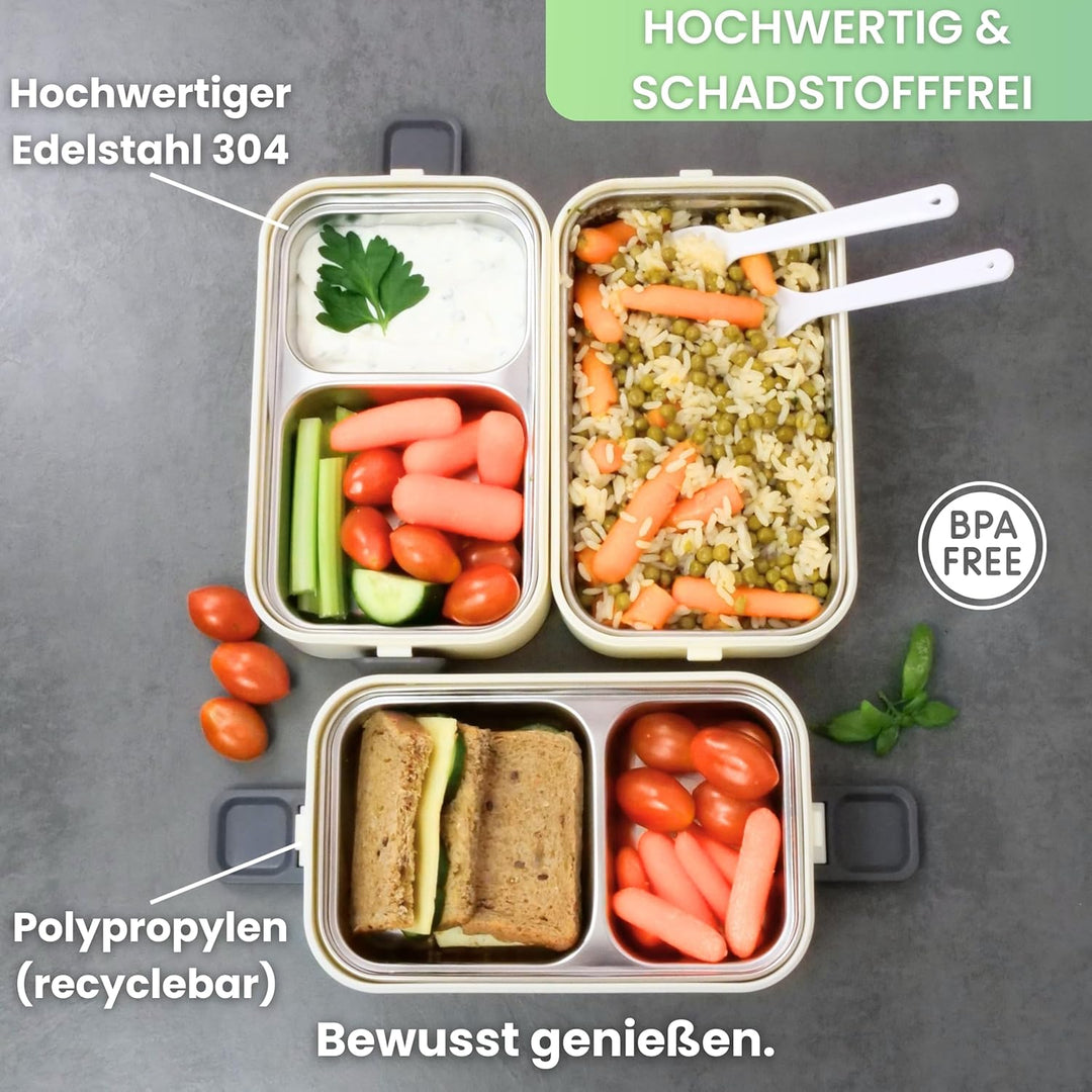 Bento Lunchbox „Jamie“ 2700ml, 3 Etagen mit Besteck und Fächern, Premium Edelstahl Dose, BPA-freie B