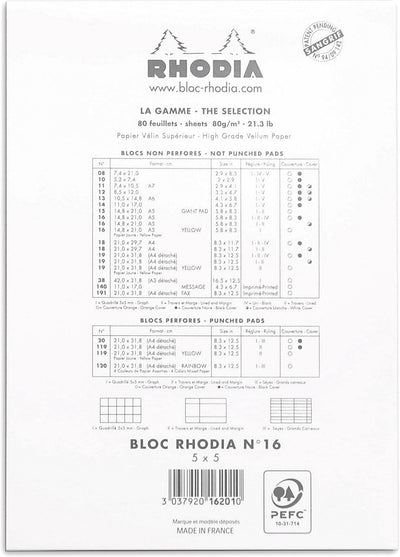 Rhodia 16201C - Packung mit 10 Notizblöcken No.16, DIN A5 80 Blätter kariert 80g, Weiss, 1 Pack Weis