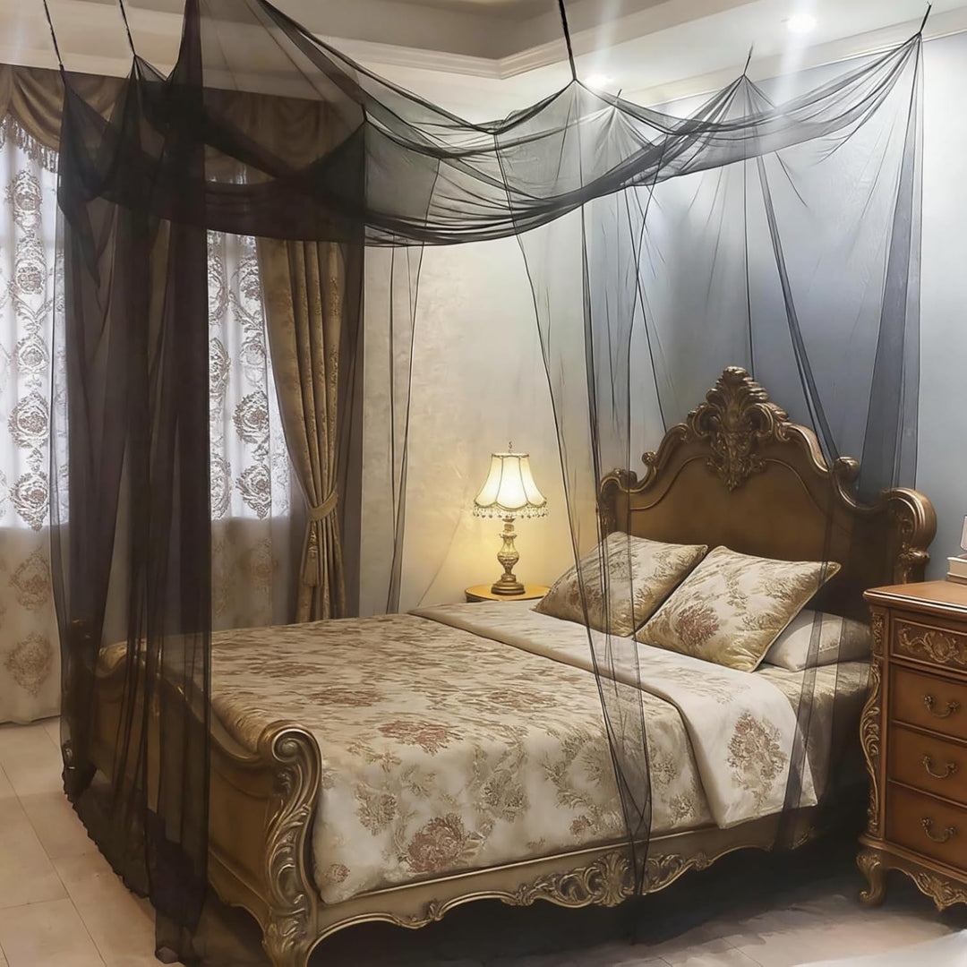 Moskitonetz für Einzel- und Doppelbett – Schwarz Betthimmel mit 4 Ecken(190×210×240 cm), mit Aufhäng