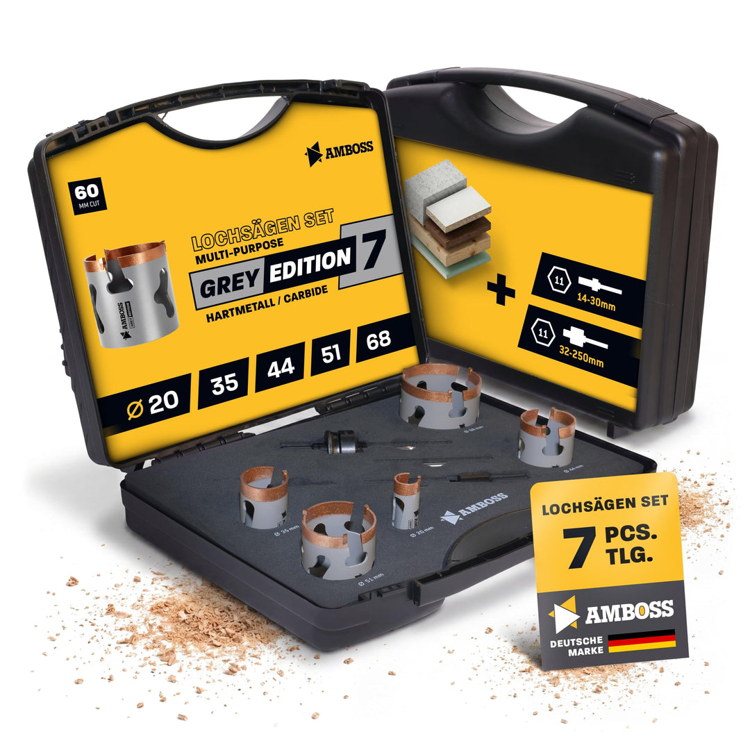 Lochsägen Set 7-tlg. HM Hartmetall Amboss Werkzeuge Grey Edition 20–83 mm – präzise für Holz, Gipska