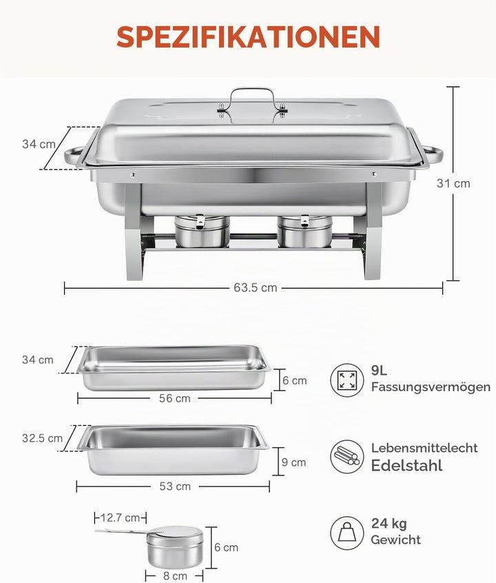 Wilprep Chafing Dish Speisewärmer 9L 6pcs Edelstahl Warmhaltebehälter Wärmebehälter Edelstahl Buffet