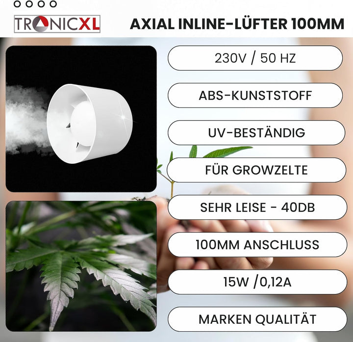 TronicXL 100mm Grow Lüfter Zuluft Abluft Inline Ventilator mit Kabel Stecker Schalter 230V für Steck