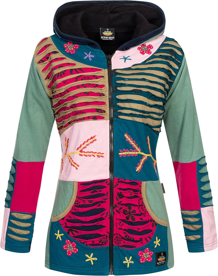 Ankerglut Damen Patchwork Fleecejacke mit Kapuze Übergangsjacke Windbreaker #nepalliebe