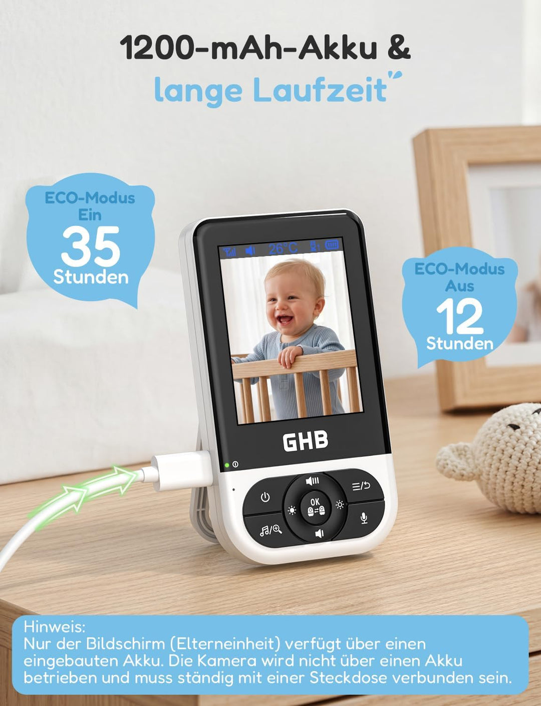 GHB Babyphone mit Kamera Baby Monitor 2,8 Zoll Schwarz | VOX-Modus Max. 35 Std, Infrarot-Nachtsicht,