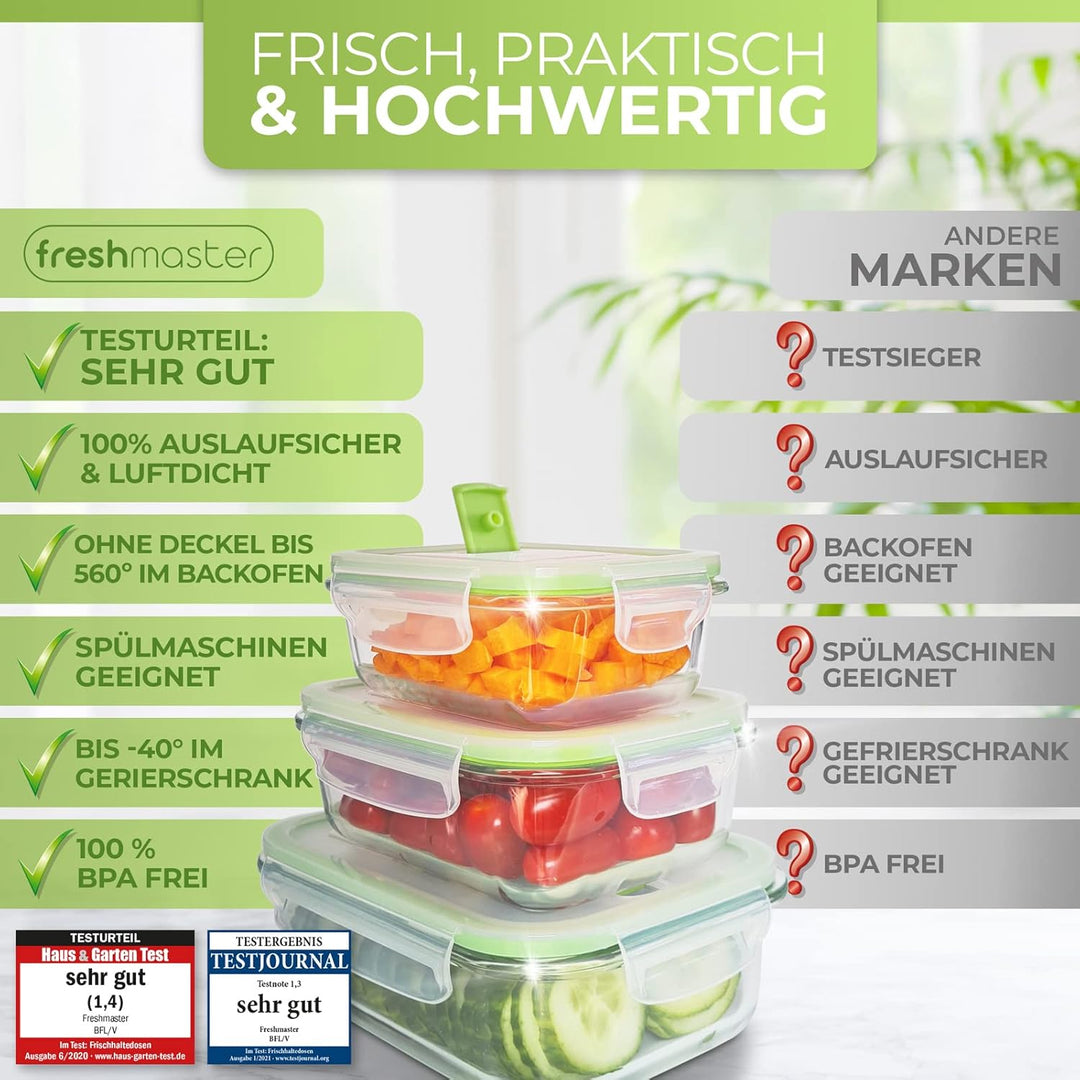 Fresh Master 12 Stück Vorratsbehälter aus Glas 100% auslaufsicher und luftdicht mit Deckel für Leben