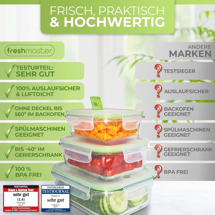 Fresh Master 12 Stück Vorratsbehälter aus Glas 100% auslaufsicher und luftdicht mit Deckel für Leben