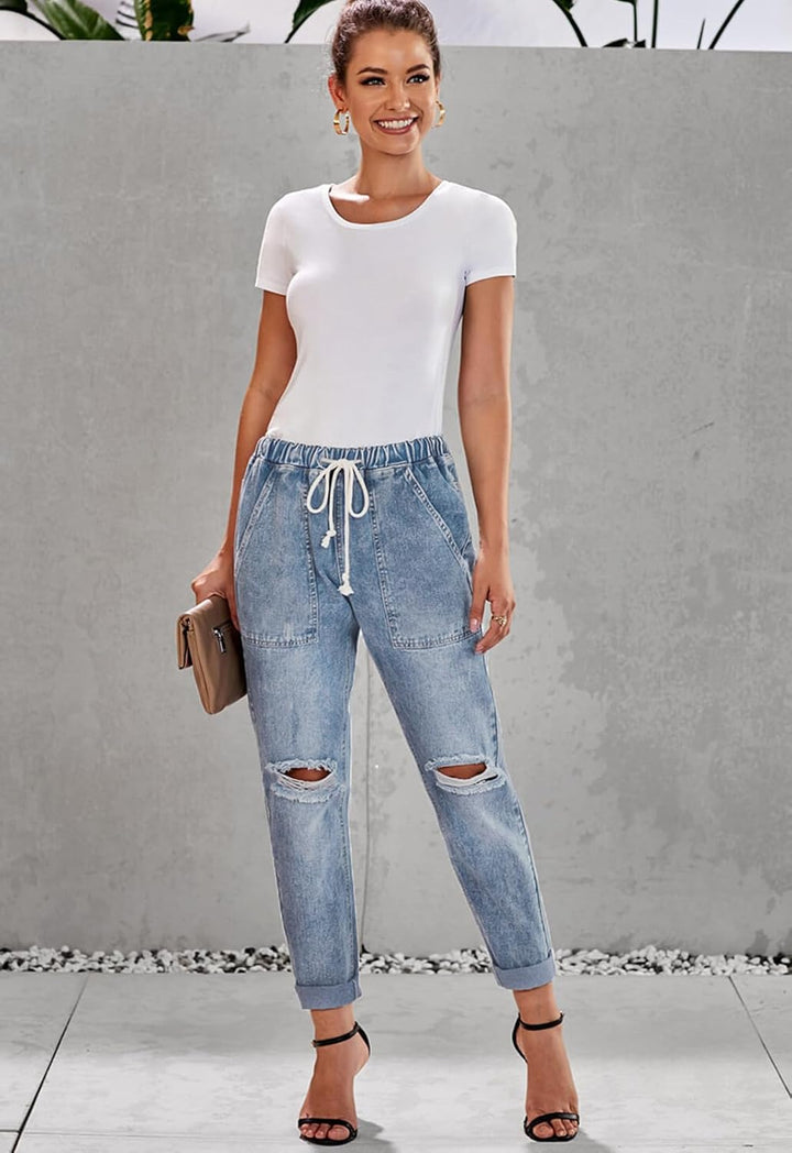 Alaster Queen Jeans Damen Lässig High Waist Baggy Damen Knie Zerrissen Jeans 209-himmelblau S, 209-h