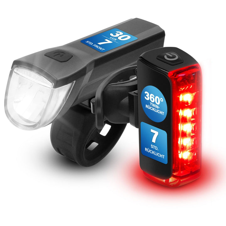 Fischer Twin Fahrradlicht Set, 360° Bodenbeleuchtung, LED Fahrradlampe 30 Lux, Akku aufladbar mit US