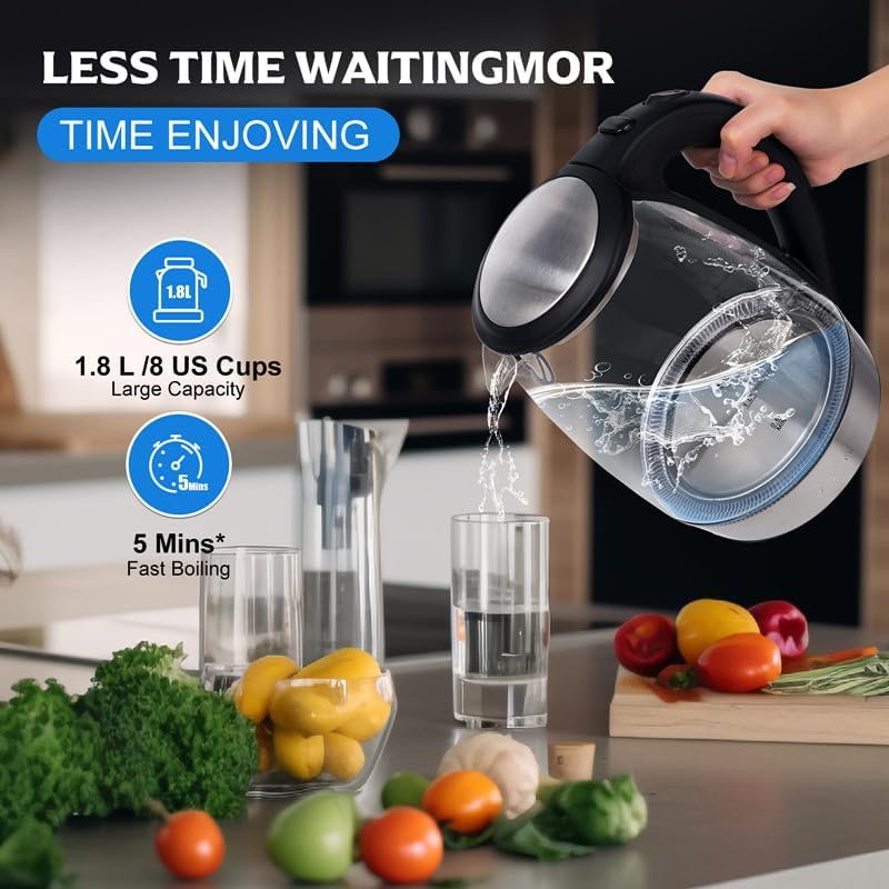 1,8 Liter Edelstahl Wasserkocher Glas mit blau LED, 2300 Watt Schnelles Aufheizen Glas Wasserkocher