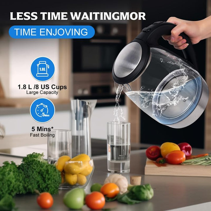 1,8 Liter Edelstahl Wasserkocher Glas mit blau LED, 2300 Watt Schnelles Aufheizen Glas Wasserkocher