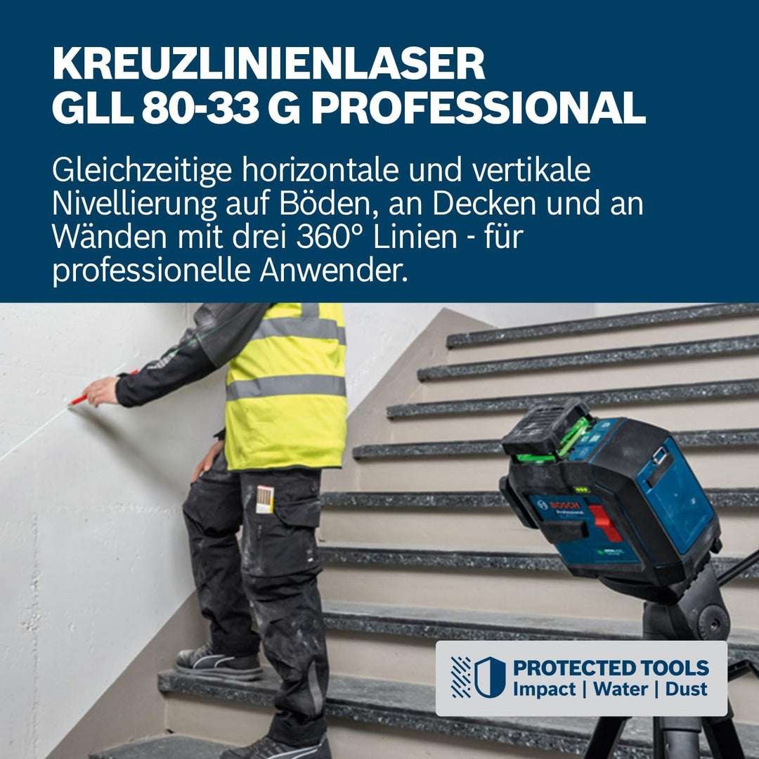 Bosch Professional Linienlaser GLL 80-33 G (Halterung LB 10, grüner Laser, Arbeitsbereich: bis 30m,