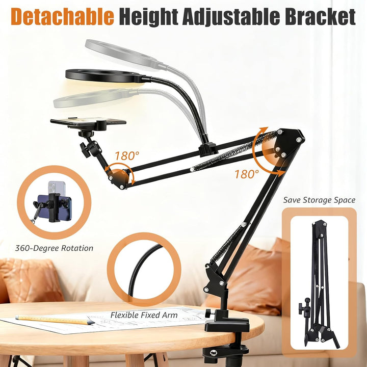 Handy-Stativ mit LED Ringlicht (10,24 Zoll), Stromversorgung über USB, 3 Farbmodi, 360 ° drehbare Be
