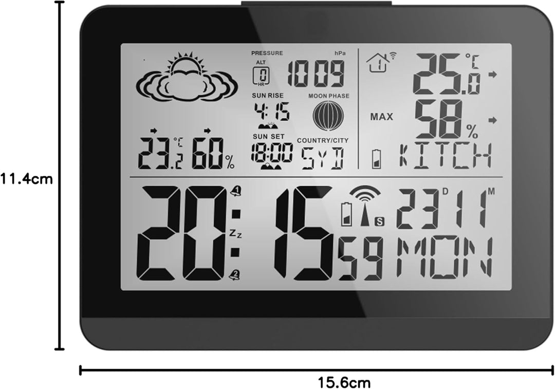 Miraval Moderne Design Funk-Wetterstation mit Aussensensor bennenbar Mondphase Sonnenaufgang Sonnenu