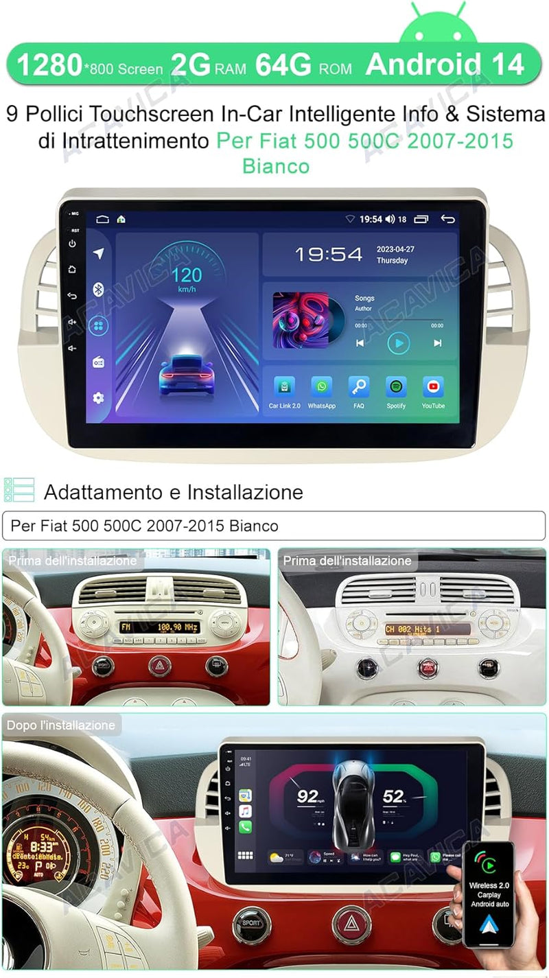 ACAVICA Android 12 Autoradio für FIAT 500 500C 2007-2015 9 Zoll Radio mit GPS Navigation Wireless Ca