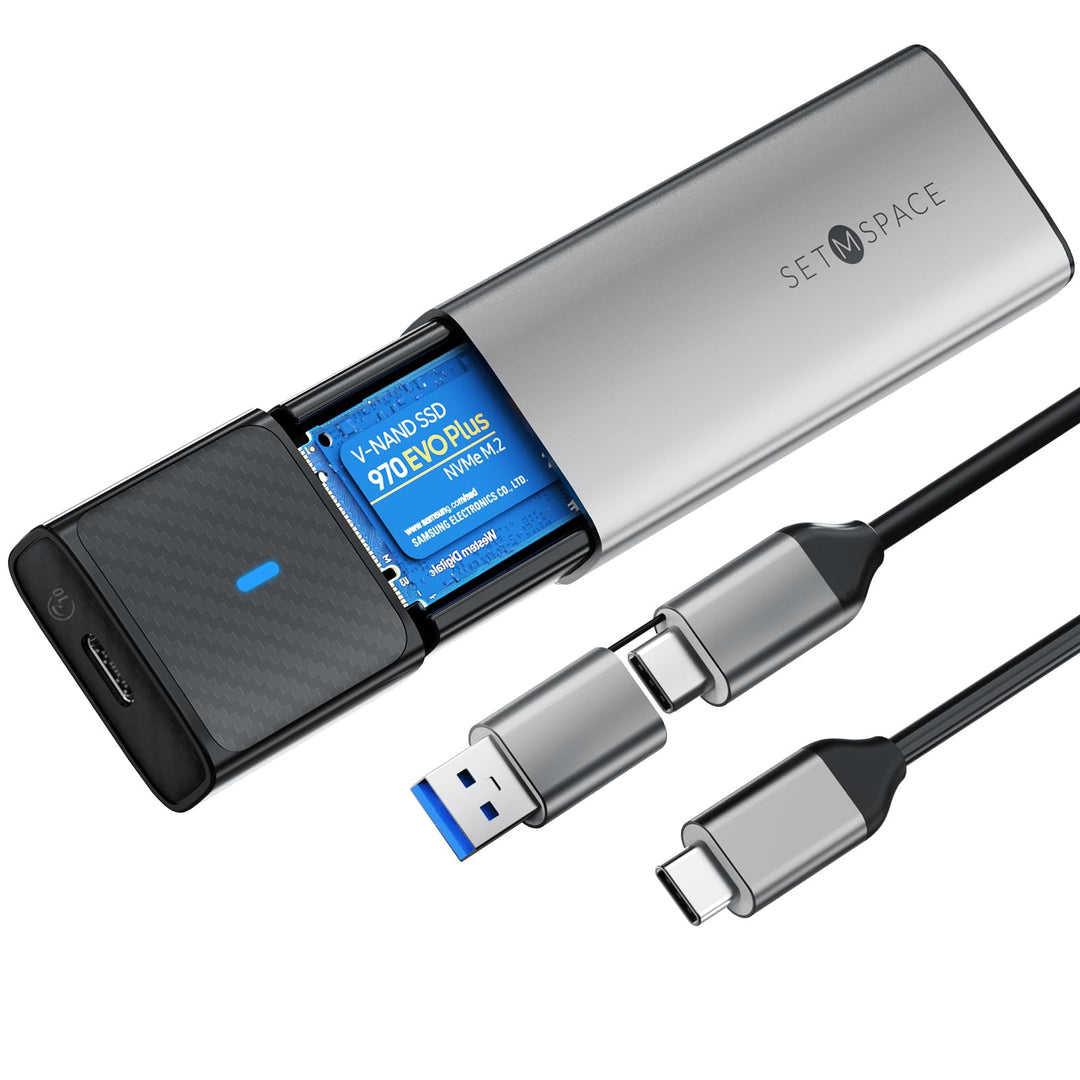 NVMe Gehäuse [Werkzeuglos], SETMSPACE M2 SSD Gehäuse [NVMe & SATA], M.2 SSD Gehäuse mit 2-in-1 Kabel