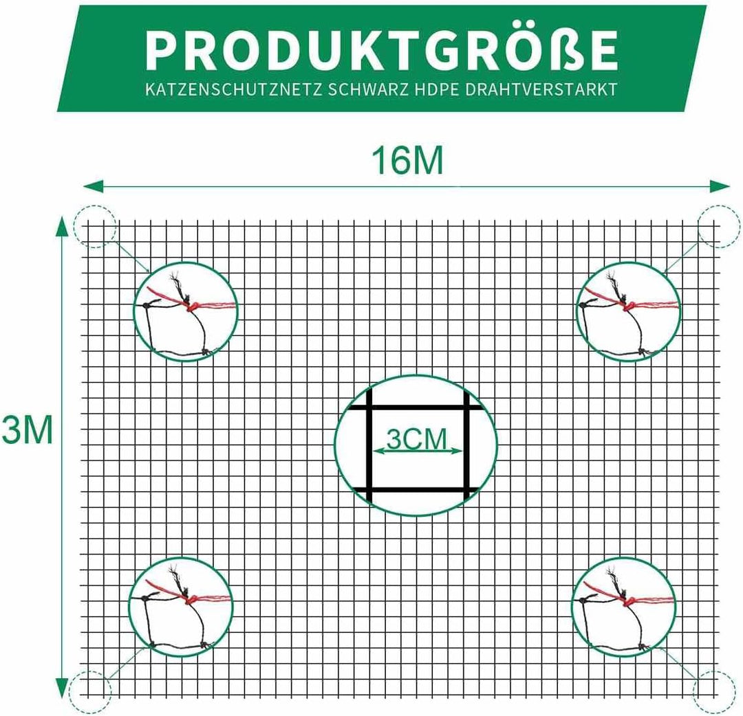 Tatamiyya Katzennetz für Balkon, 16x3m Katzennetz Drahtverstärkt ist Robust UV-Beständig & Witterung