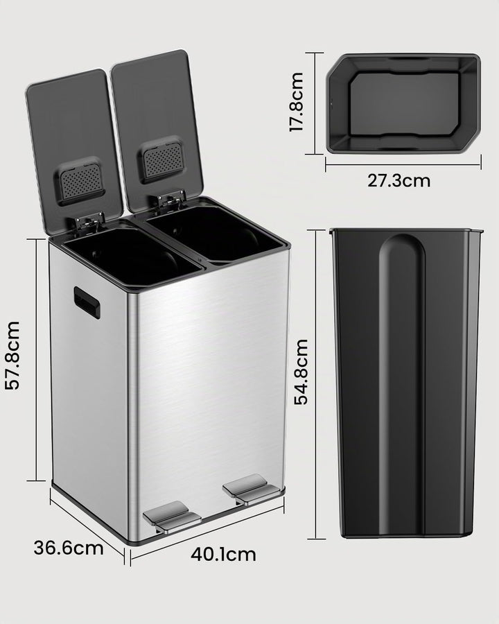 YEAUPE PRO Mülleimer Küche 40L 2x20L, 2 Fächer Abfalleimer mit Pedal, Edelstahl Mülltrennsystem, Tre