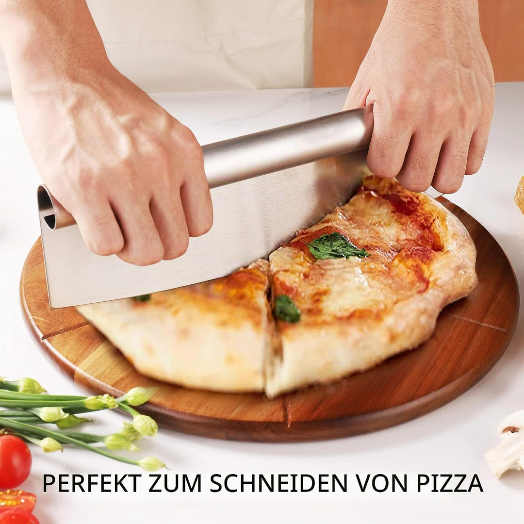 Pizzabrett Akazienholz, TJ POP 30 x30 cm Pizzateller Pizzaschneidebrett mit Pizzaschneider und Pizza