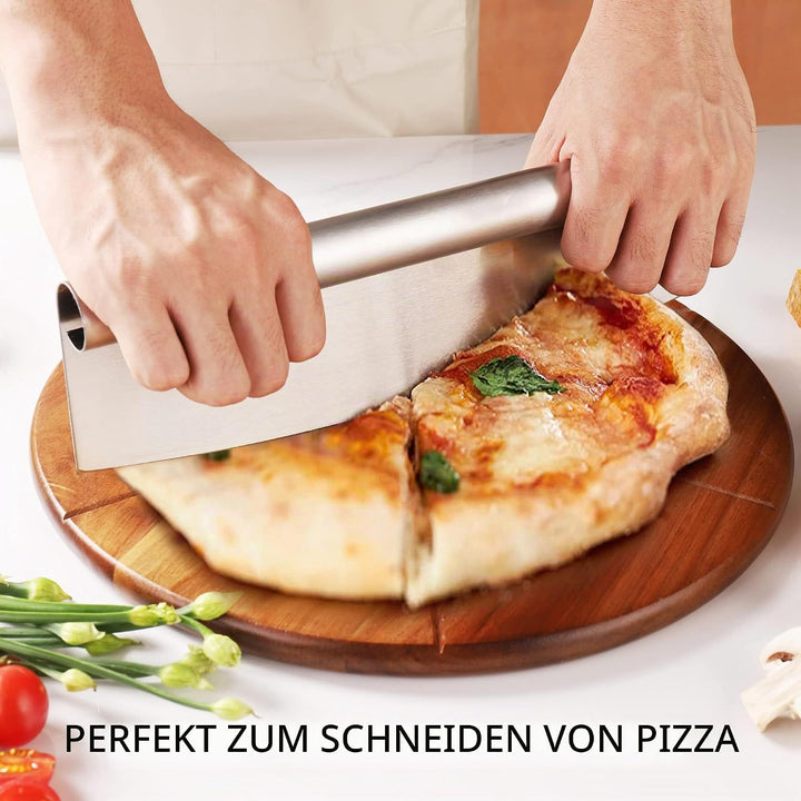 Pizzabrett Akazienholz, TJ POP 30 x30 cm Pizzateller Pizzaschneidebrett mit Pizzaschneider und Pizza