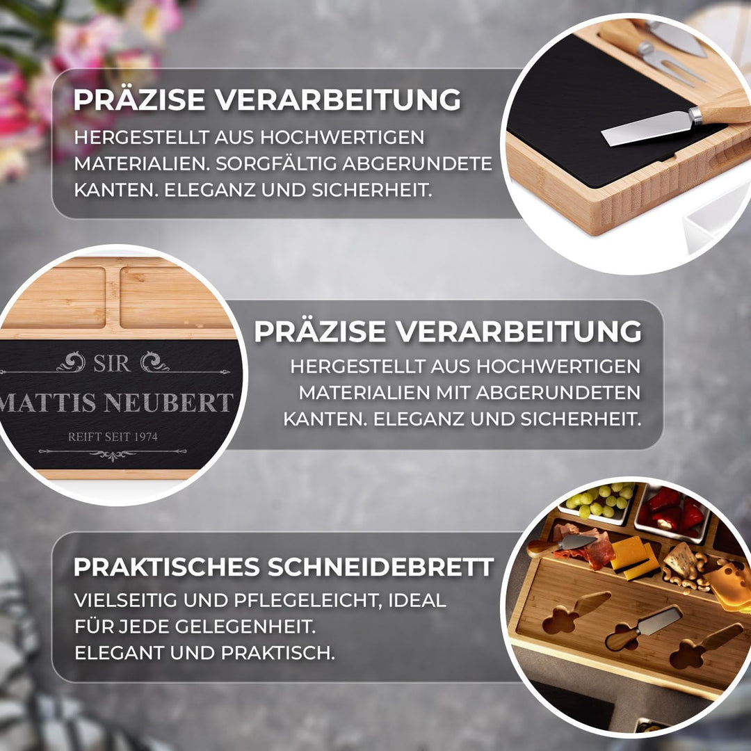 Maverton Servierplatte mit Gravur - Käsebrett mit personalisierter Steinplatte + 3 Keramikschalen -