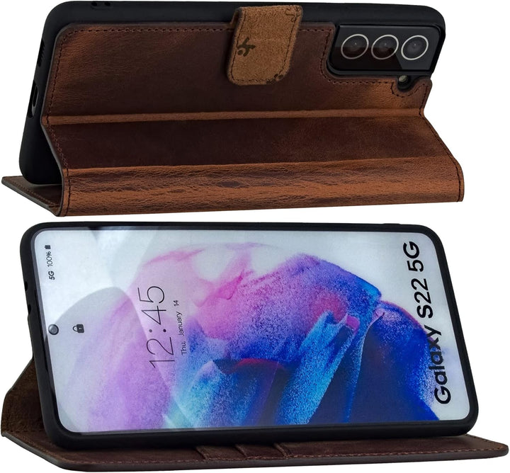Suncase Book-Style Hülle kompatibel mit Samsung Galaxy S22 5G Leder Tasche (Slim-Fit) Lederhülle Han
