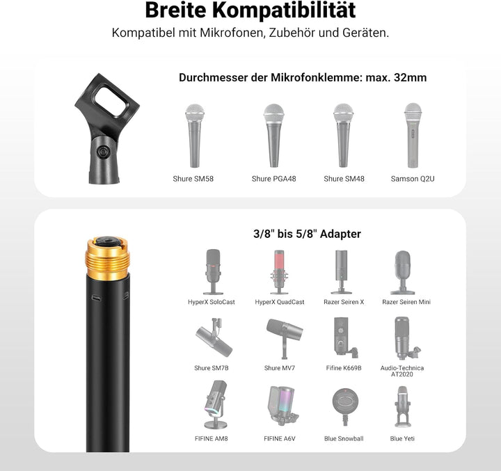NEEWER Tisch Mikrofon Ständer, verstellbare Tischhalterung mit 3/8" bis 5/8" Schraubenadapter, kompa