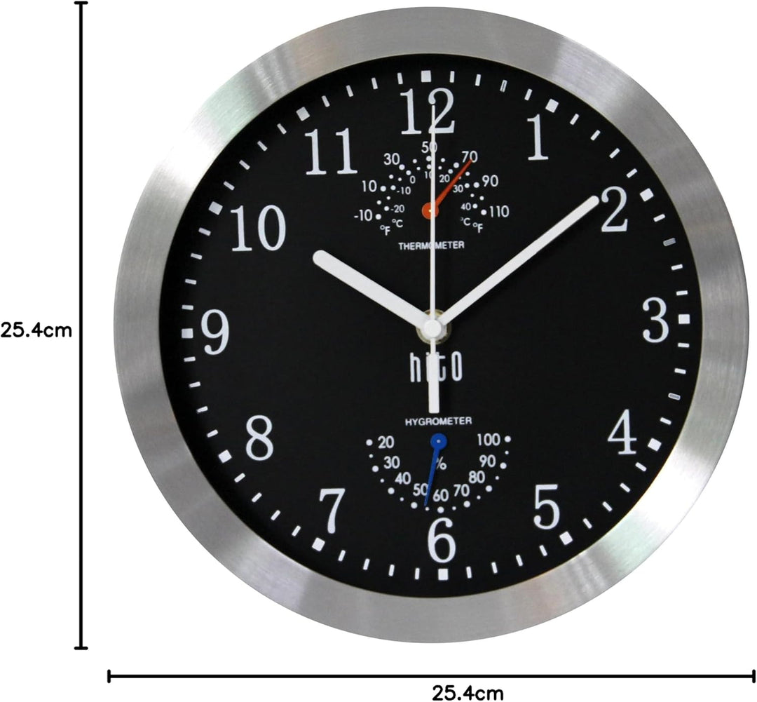 HITO 25,4 cm lautlose Wanduhr, batteriebetrieben, Nicht tickende Glasabdeckung, silberner Aluminiumr