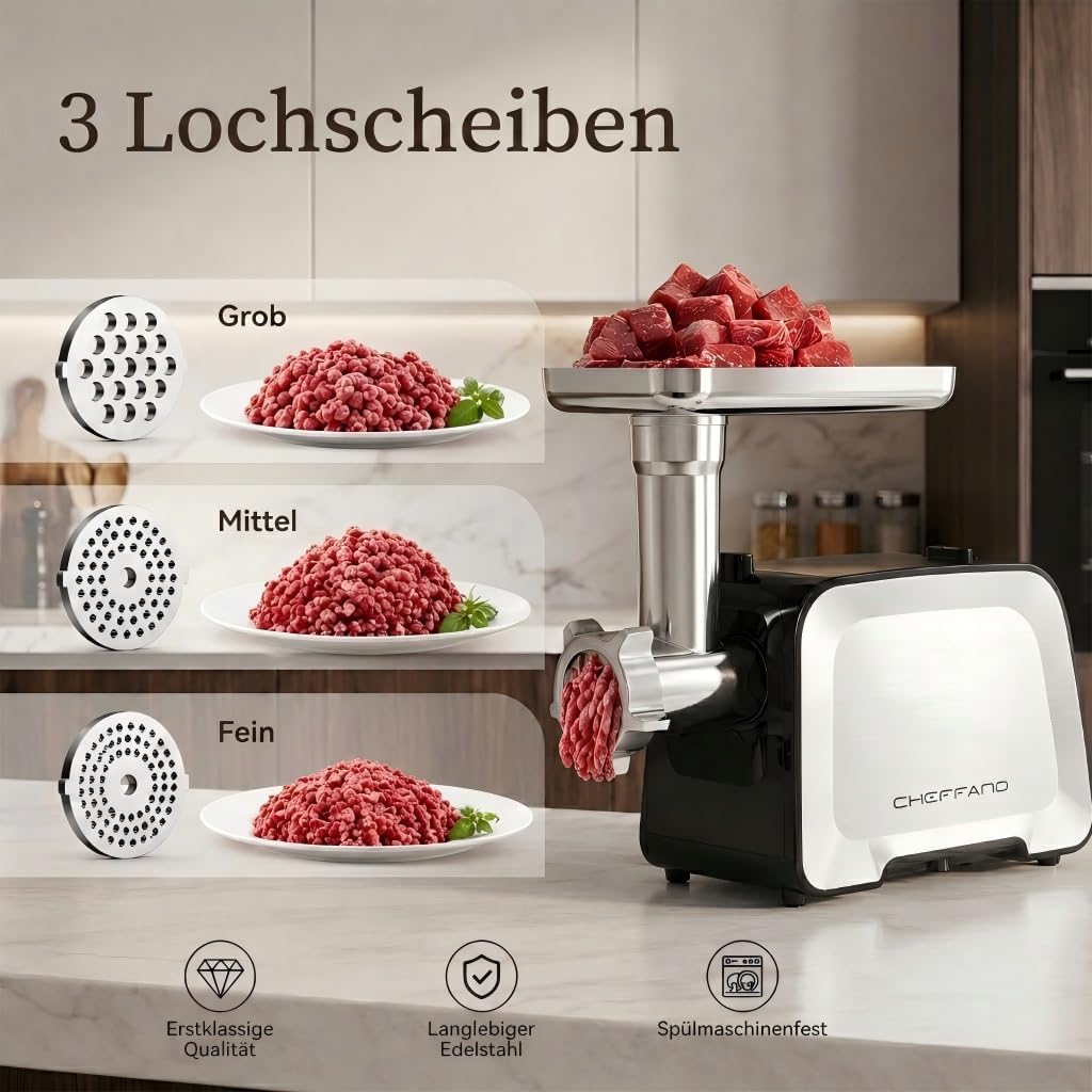Elektrischer Fleischwolf 2800W[Max], Edelstahl Fleischmühle mit 2 Klingen, 3 Lochscheiben, Wurstfüll