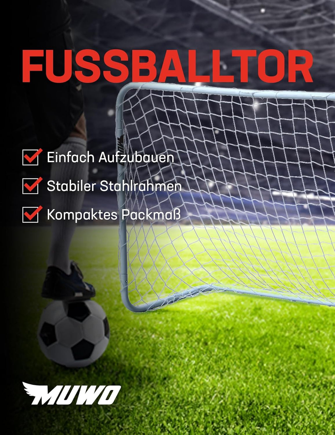MUWO Fussballtor für Kinder und Erwachsene aus robustem Stahl 1,20 x 0,8 x 0,4 m, mit Tornetz und He