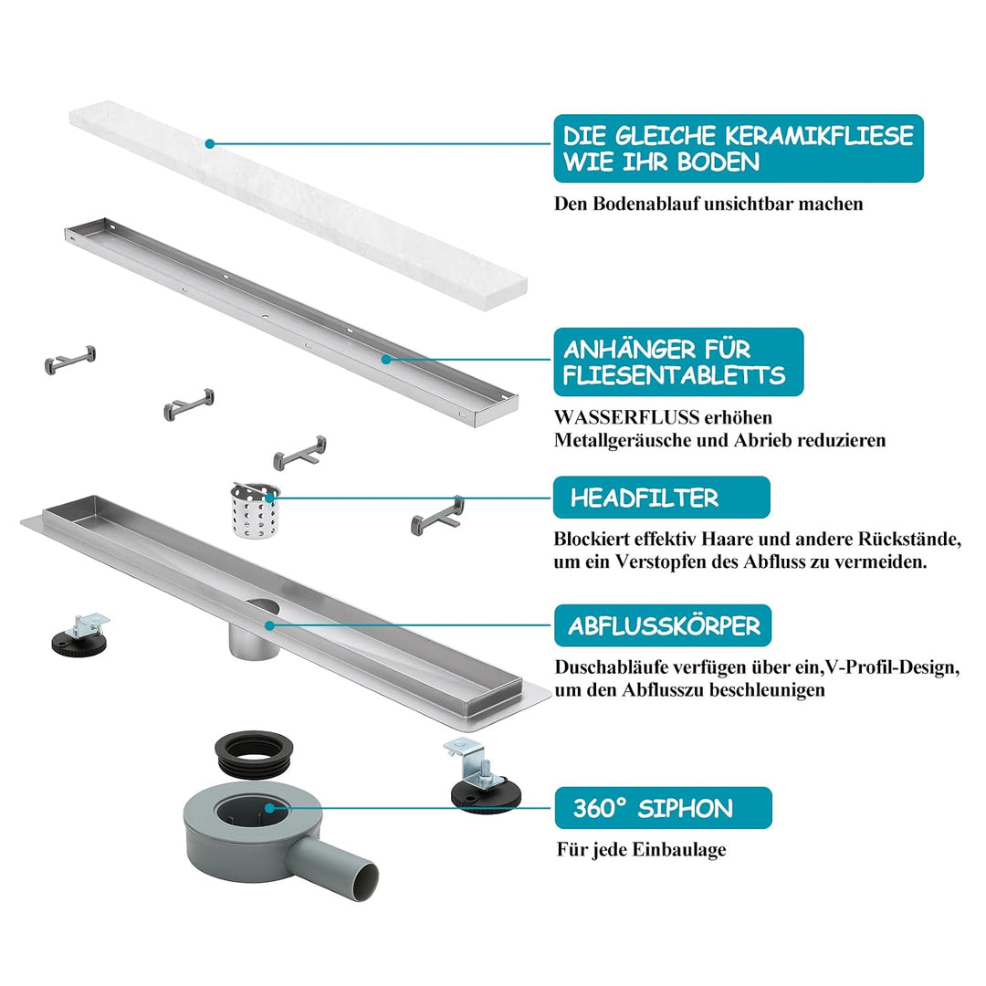 100 * 7cm Duschrinne 304 Edelstahl, Bodenablauf mit 360° Siphon Geruchsstop, 2 in1 Befliesbar Ablauf