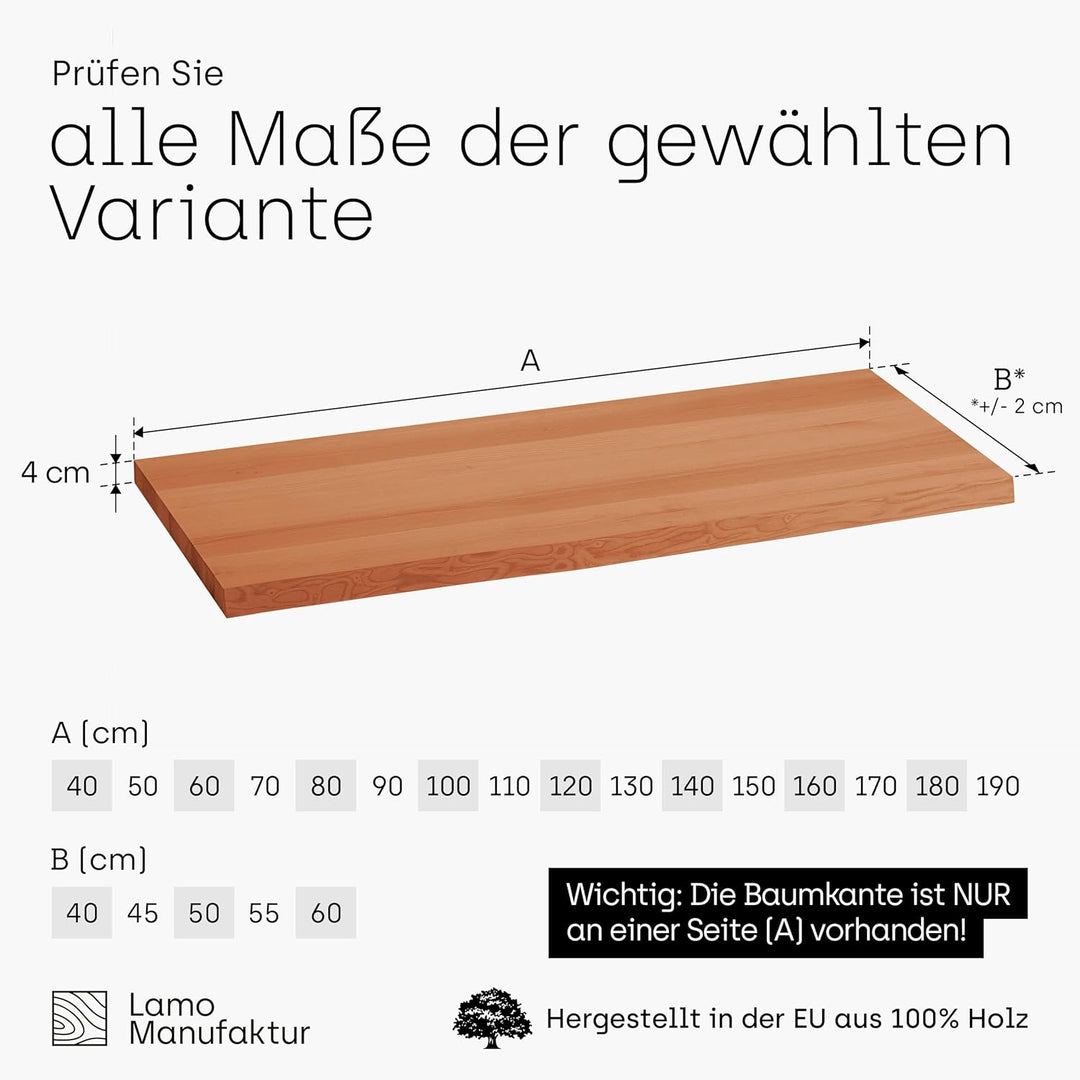 LAMO Manufaktur Waschtischplatte, Holzplatte Waschtisch Baumkante, 70x40 cm (AxB), Dunkel, ohne Mont