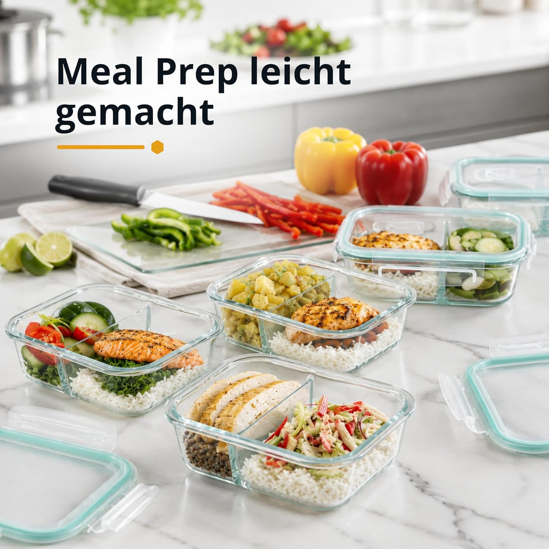 Winter Shore Meal Prep Boxen Glas mit 2 Fächern (5er-Pack) - Lebensmittelsichere, BPA-Freie, Auslauf