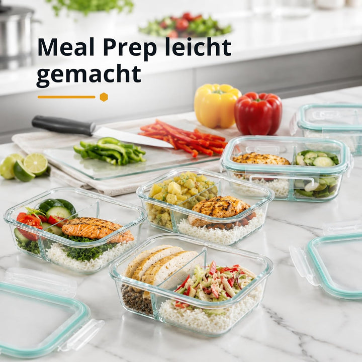 Winter Shore Meal Prep Boxen Glas mit 2 Fächern (5er-Pack) - Lebensmittelsichere, BPA-Freie, Auslauf