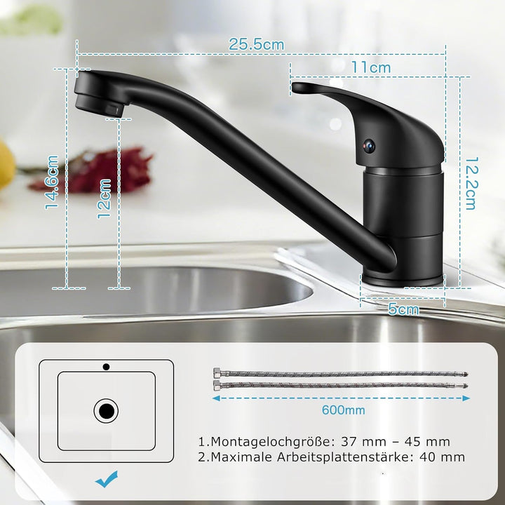Wasserhahn Küche Schwarz, Küchenarmatur 360° Schwenkbar, Einhebel Mischbatterie Küche, Spültischarma